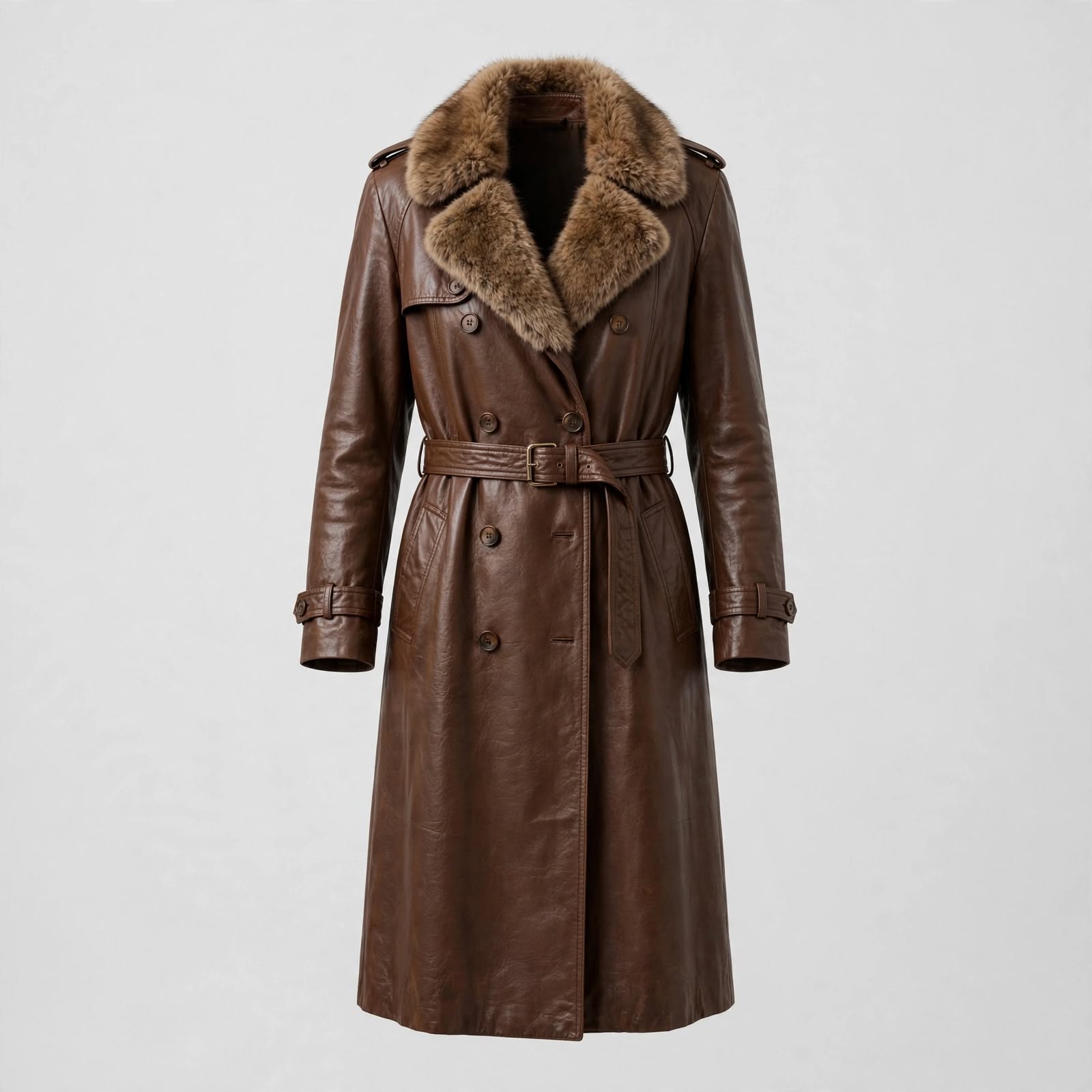 Brown Leather Trench Coat with Fur Collar